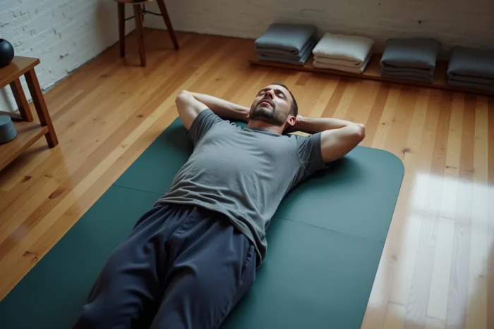 Homme allongé en position de relaxation complète sur un tapis de yoga dans un espace de pratique calme à domicile