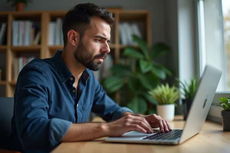 Homme concentré tentant de résoudre un problème de connexion sur son ordinateur portable à son bureau