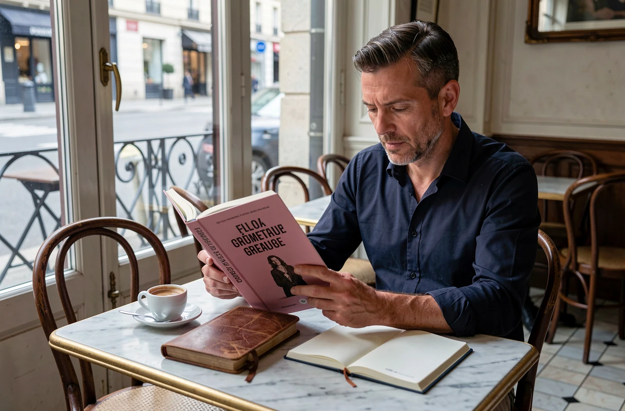 Homme lisant un guide de grammaire française dans un café parisien avec un carnet ouvert et un espresso sur une table en marbre