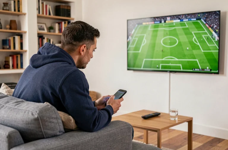 Homme regardant un match de football en streaming sur un grand écran de télévision dans un salon moderne