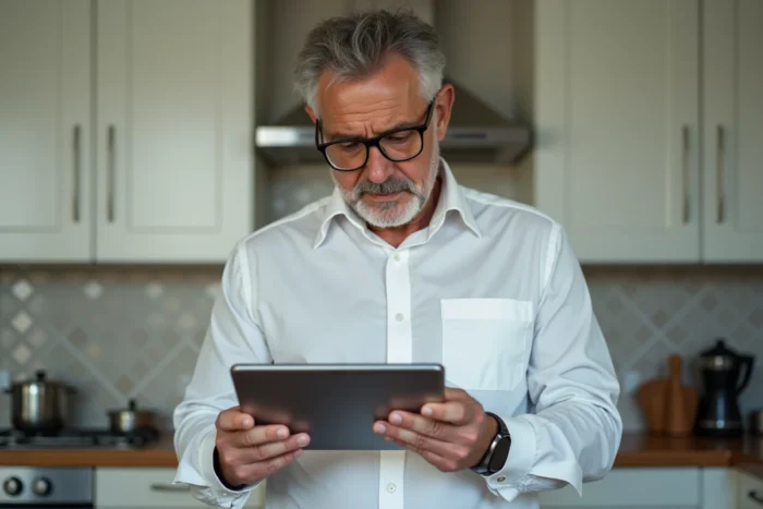 Homme d'âge mûr utilisant une tablette pour trouver l'adresse officielle d'un site de streaming de films