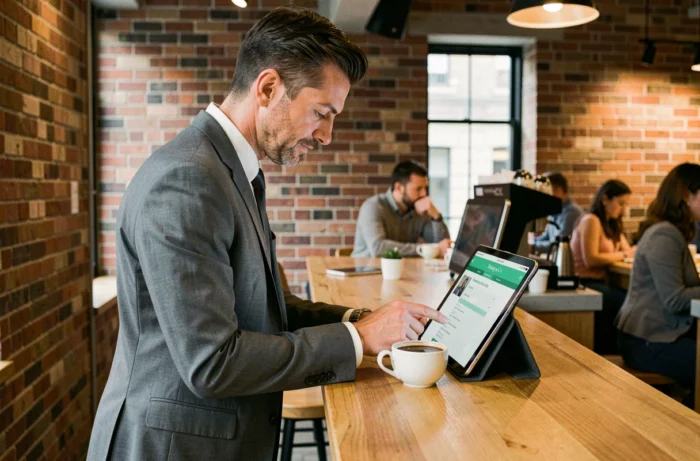 Homme en costume consultant le plan du site Tiffany and Co sur une tablette dans un café moderne
