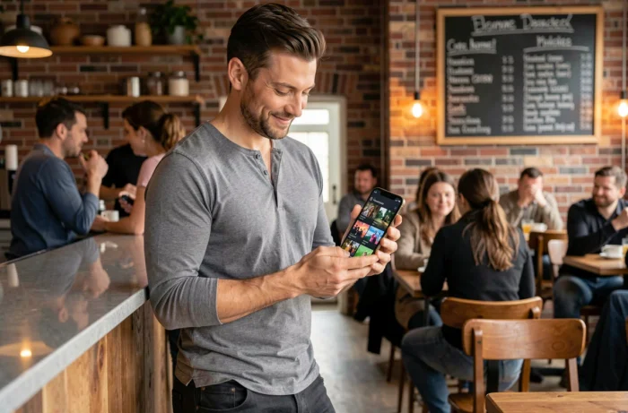 Homme consultant les dernières tendances de téléchargement sur smartphone dans un café urbain branché