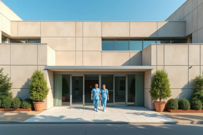 Façade d'un hôpital régional français dans une ville du sud évoquant le cadre médical de Demain nous appartient