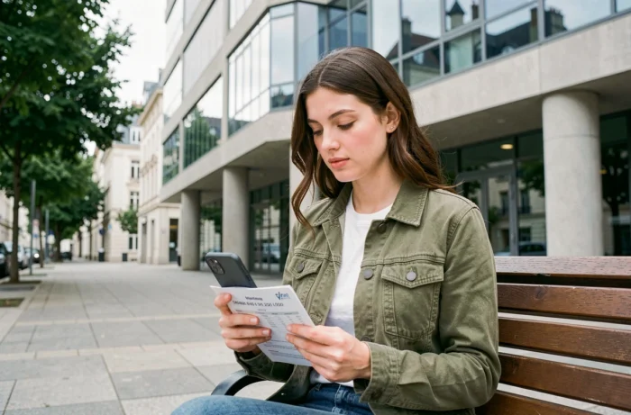 Jeune femme consultant les horaires de la CPAM Montpellier sur son téléphone devant l'agence