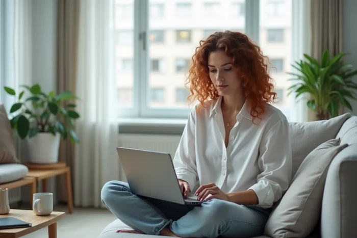 Femme remplissant un formulaire d'inscription en ligne sans numéro de téléphone sur un canapé