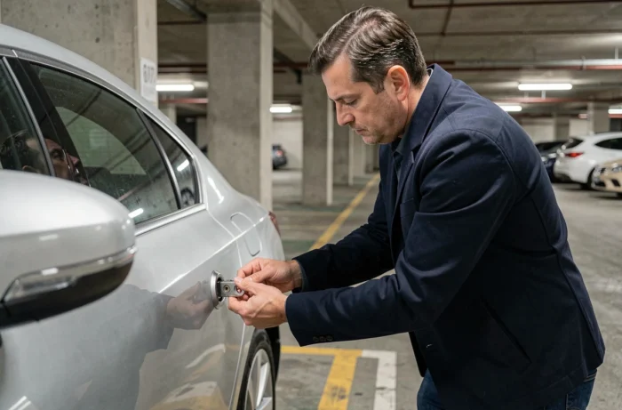 Homme inspectant le verrou de sa voiture dans un parking souterrain pour prévenir le vol automobile