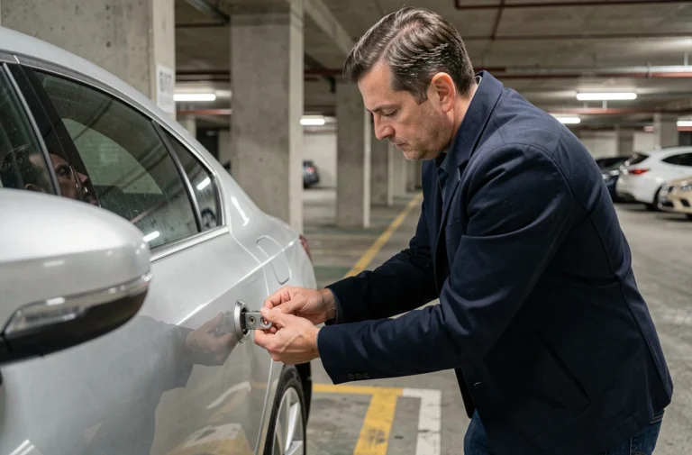 Homme inspectant le verrou de sa voiture dans un parking souterrain pour prévenir le vol automobile