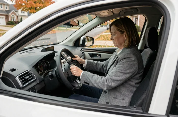 Femme installant un antivol de volant dans un SUV blanc garé dans une rue résidentielle en automne
