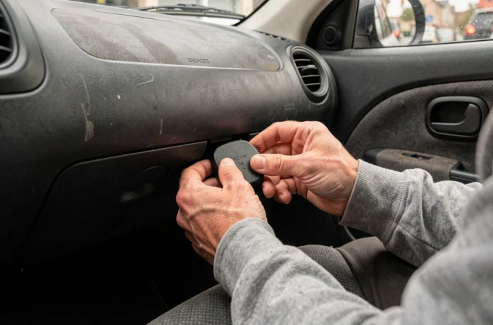 Mains d'un homme installant un traceur GPS sous le tableau de bord d'une voiture pour protéger le véhicule contre le vol