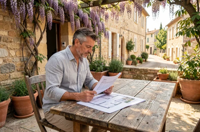 Investisseur immobilier étudiant un dossier de marché sur une terrasse provençale