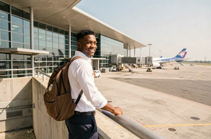Jeune homme émigré regardant en arrière depuis un aéroport international, symbolisant le départ vers un nouveau pays et le concept d'émigration