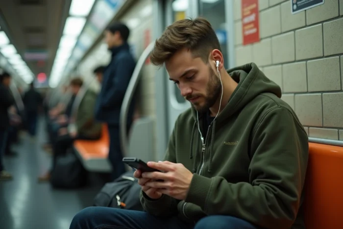 Jeune homme utilisant son smartphone dans les transports en commun, conseils high-tech mobilité connectée