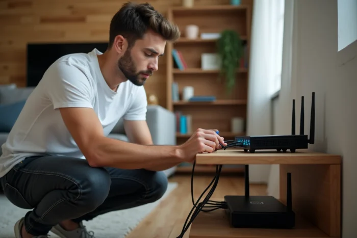 Jeune homme vérifiant les câbles du modem et du routeur pour corriger un problème de connexion à domicile