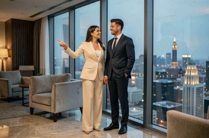 Couple de mariés dans une suite d'hôtel de luxe avec vue panoramique sur une grande ville lors de leur lune de miel