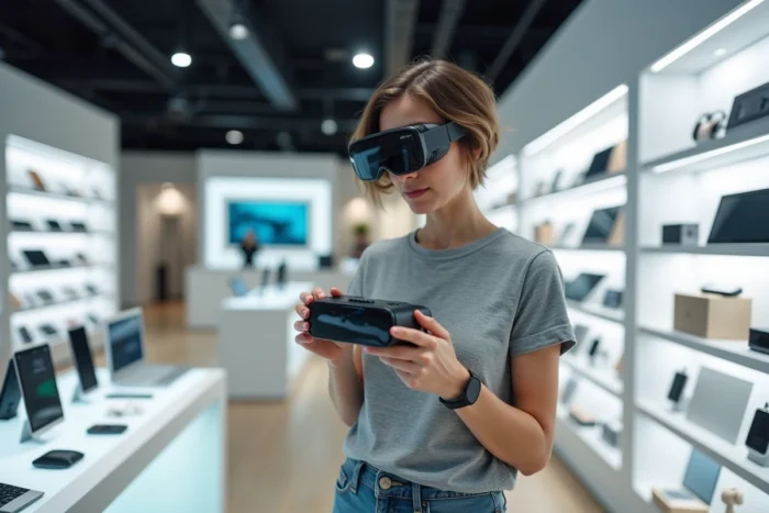 Femme examinant des lunettes de réalité augmentée dans un magasin de technologie moderne aux rayons bien achalandés