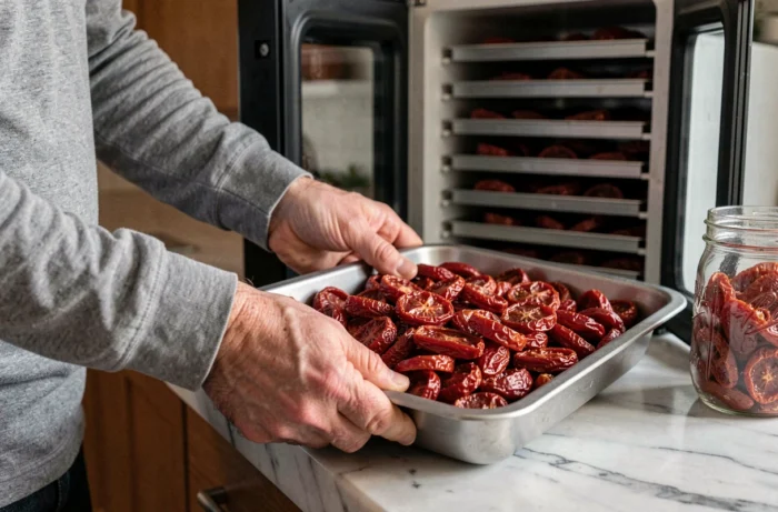 Mains d'un homme retirant un plateau de tomates déshydratées d'un déshydrateur alimentaire sur plan de travail en marbre