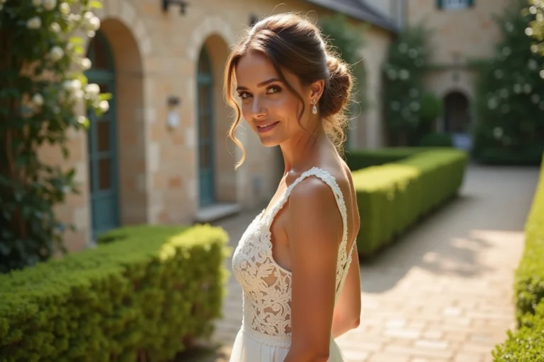 Femme élégante en robe de mariée ivoire dans un jardin français lors d'une cérémonie de mariage romantique
