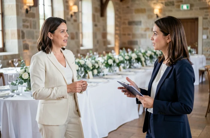 Future mariée discutant avec une coordinatrice d'événements dans une salle de réception de mariage élégante décorée de verdure