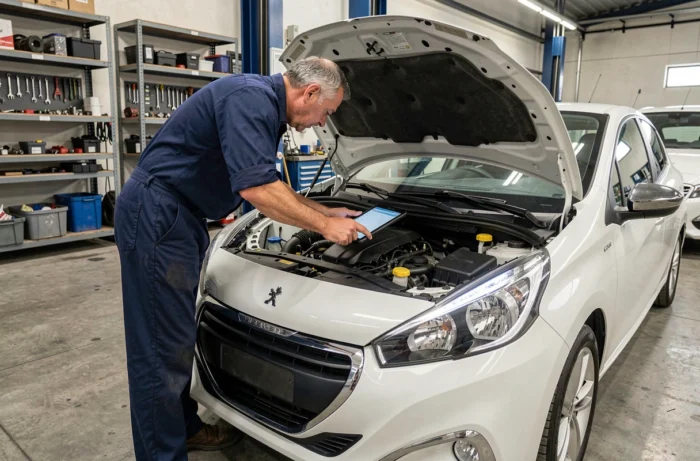Mécanicien diagnostiquant les voyants d'une Peugeot 208 dans un garage automobile