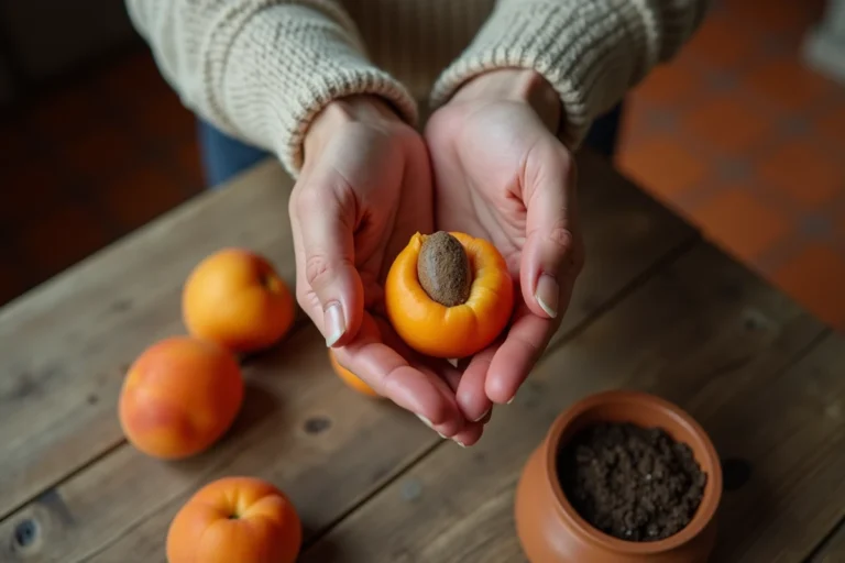 Mains tenant un noyau d'abricot au-dessus d'une table en bois avec des abricots frais et un pot de terre prêt pour la plantation