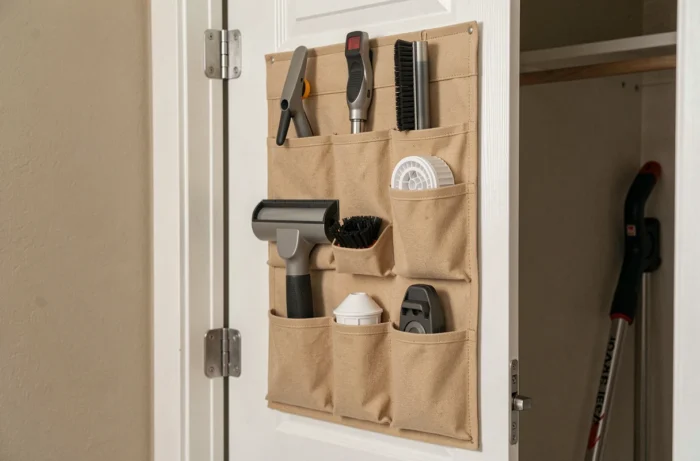 Organisateur de porte à poches en tissu fixé à l'intérieur d'un placard contenant des accessoires d'aspirateur balai rangés par compartiment