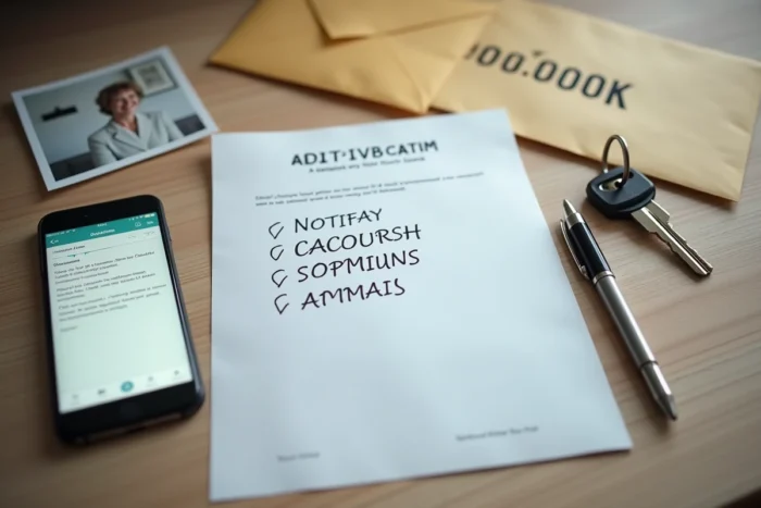 Vue à plat d'un bureau avec envelopes administratives, liste de contacts et téléphone lors de la gestion du courrier après un décès