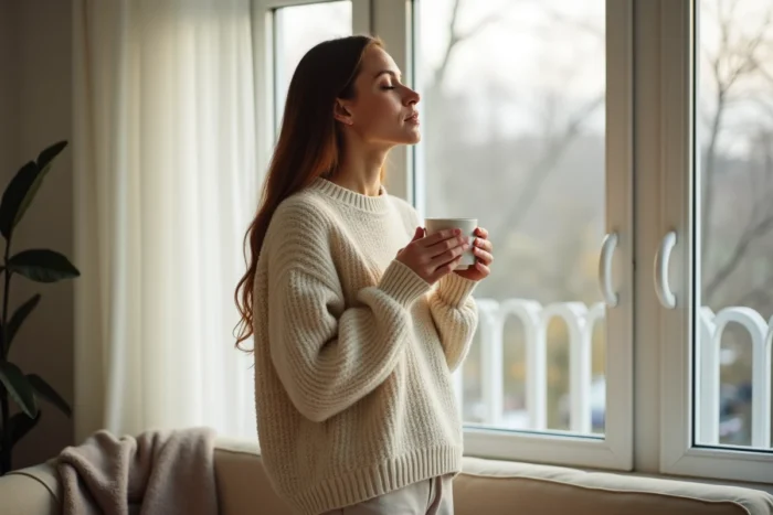 Femme en pull en maille près d'une fenêtre ouverte dans un salon cocooning, savourant l'air frais dans un rituel de bien-être