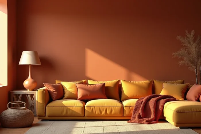 Salon décoré dans une palette de couleurs chaudes terracotta, moutarde et rouille pour une atmosphère enveloppante