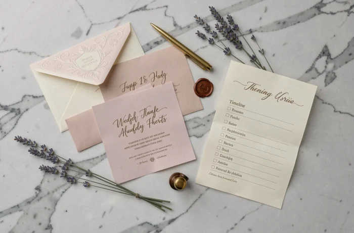 Vue de dessus d'une organisation de papeterie de mariage sur marbre avec invitations gravées, enveloppes et checklist