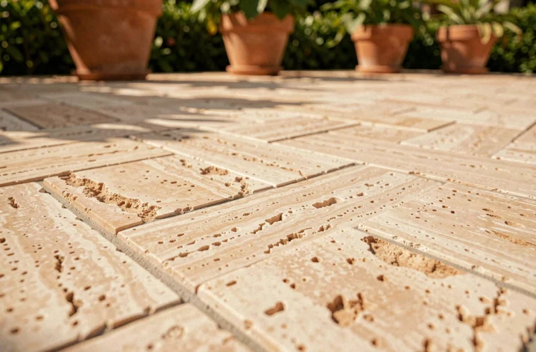 Gros plan sur des pavés en travertin naturel disposés en chevron sur une terrasse extérieure, montrant la texture poreuse et les veines beige-ocre caractéristiques