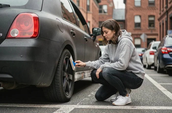 Femme appliquant un sticker vinyle personnalisé sur la carrosserie d'une voiture noire mate en milieu urbain