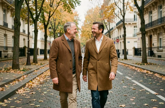 Deux hommes se promenant ensemble dans une rue parisienne en automne, évoquant la complicité amoureuse et la vie de couple de Philippe Gougler