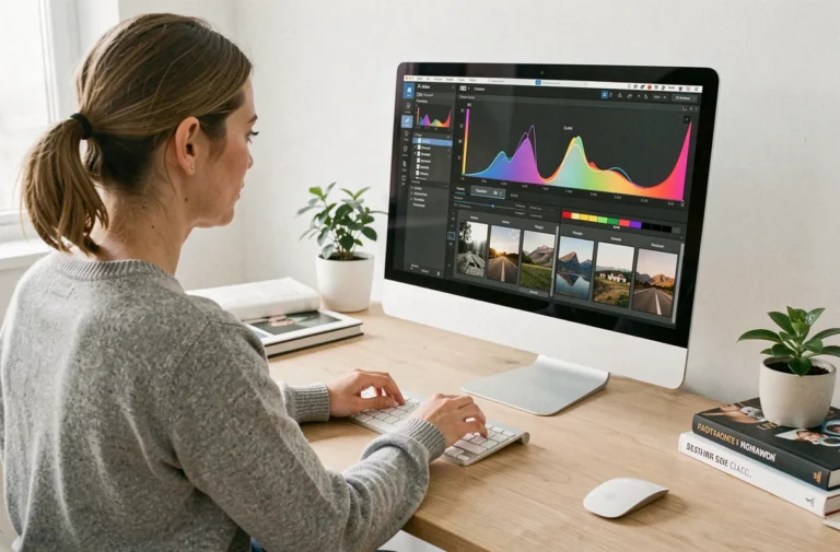 Photographe éditant des photos sur Adobe Lightroom Classic sur un iMac dans un bureau minimaliste