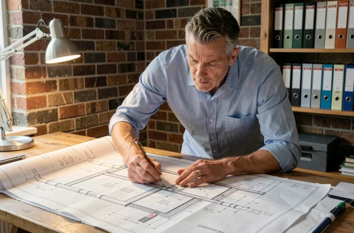 Architecte consultant un plan de canalisation maison étalé sur un bureau en bois