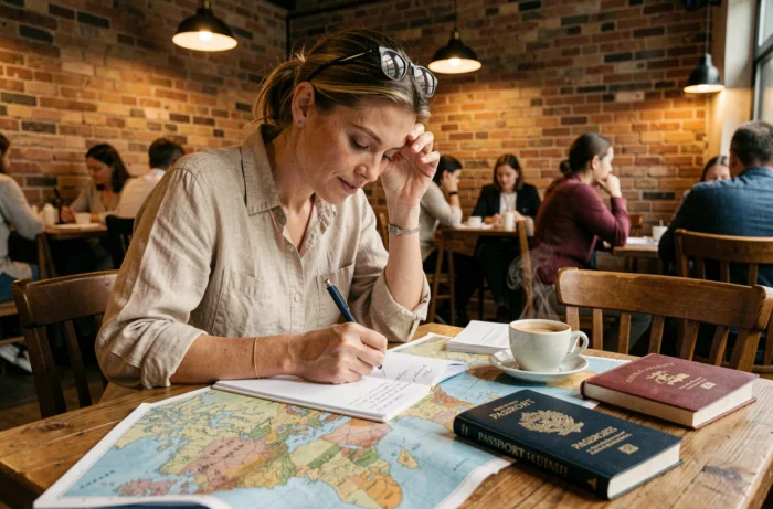 Femme planifiant un voyage autour du monde dans un café avec carte, passeport et guides de voyage