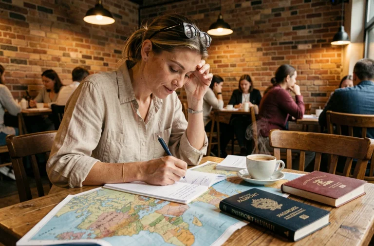 Femme planifiant un voyage autour du monde dans un café avec carte, passeport et guides de voyage