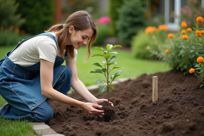 Femme plantant un jeune abricotier dans un jardin en pleine terre avec soin et précision