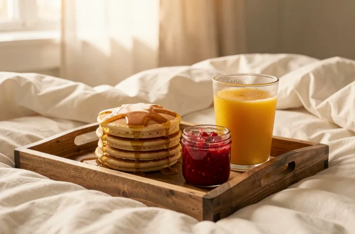 Plateau de pancakes au sirop d'érable et jus d'orange servi au lit pour un petit-déjeuner gourmand dominical