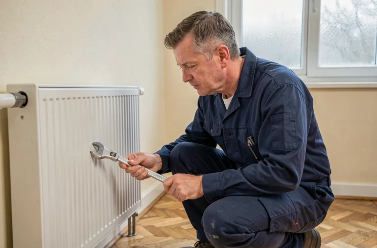 Plombier inspectant un radiateur en panne dans un appartement bruxellois en hiver