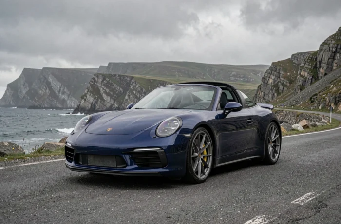 Porsche 911 Targa 4S bleu nuit garée sur une route côtière avec falaises en arrière-plan, représentant la valeur et les spécificités techniques à considérer pour une assurance auto Porsche adaptée