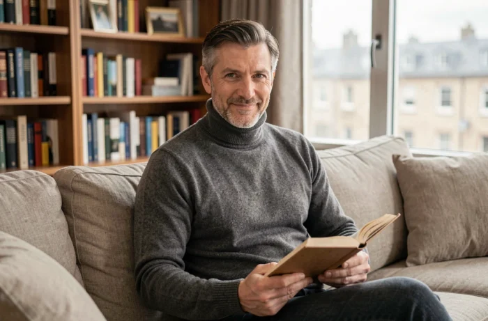 Homme cultivé en pull col roulé assis dans un salon raffiné tenant un livre, portrait intimiste illustrant la personnalité et la vie privée de Philippe Gougler