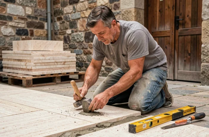 Artisan posant des pavés en travertin dans une cour intérieure, illustrant la technique de pose sur mortier avec maillet en caoutchouc et niveau à bulle