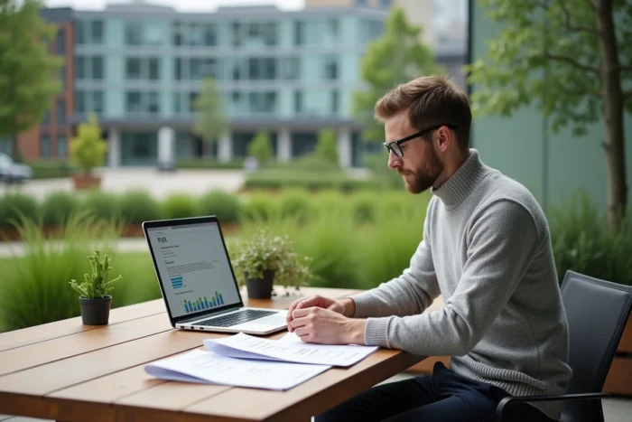 Professionnel travaillant sur un rapport RSE en extérieur sur une terrasse d'entreprise éco-responsable avec panneaux solaires et espaces verts
