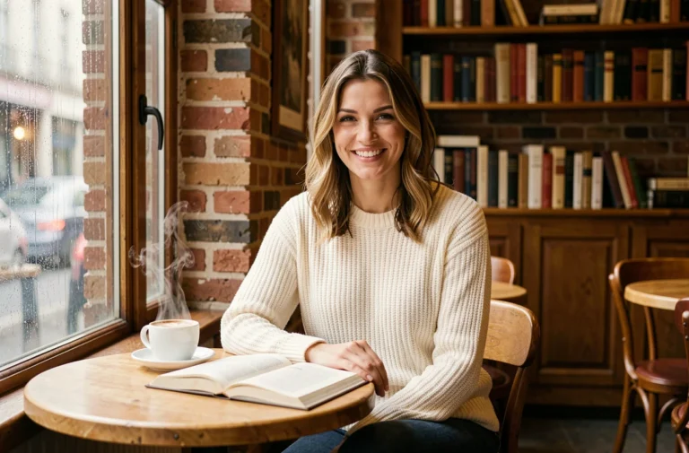 Femme confiante et souriante dans un café parisien, illustrant les qualités d'authenticité et d'intelligence émotionnelle recherchées chez la femme idéale