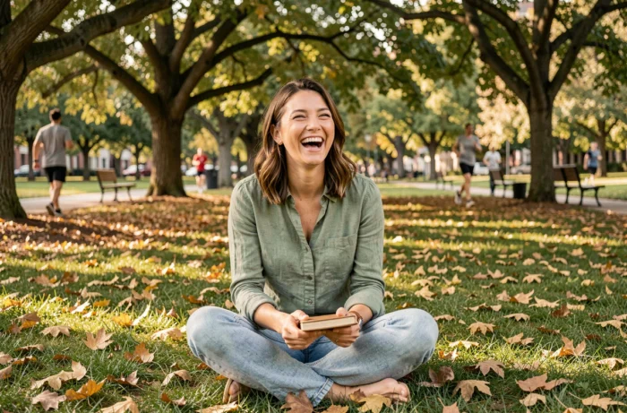 Femme épanouie et authentique assise dans un parc en automne, symbolisant la joie de vivre et la sensibilité émotionnelle valorisées par les hommes