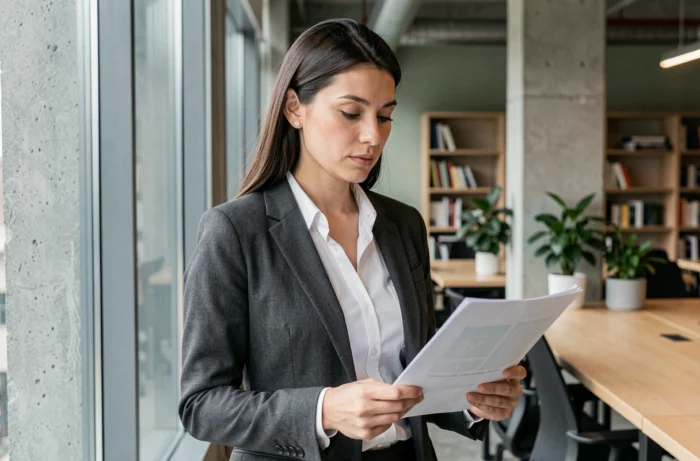 Femme professionnelle et élégante dans un espace de travail moderne, représentant l'ambition, l'intelligence et l'assurance comme qualités essentielles
