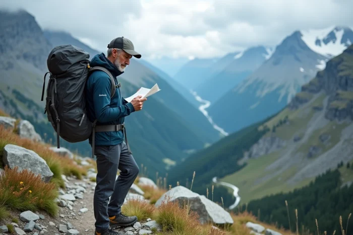 Randonneur en montagne consultant une carte sur un sentier alpin lors d'une activité de plein air en voyage