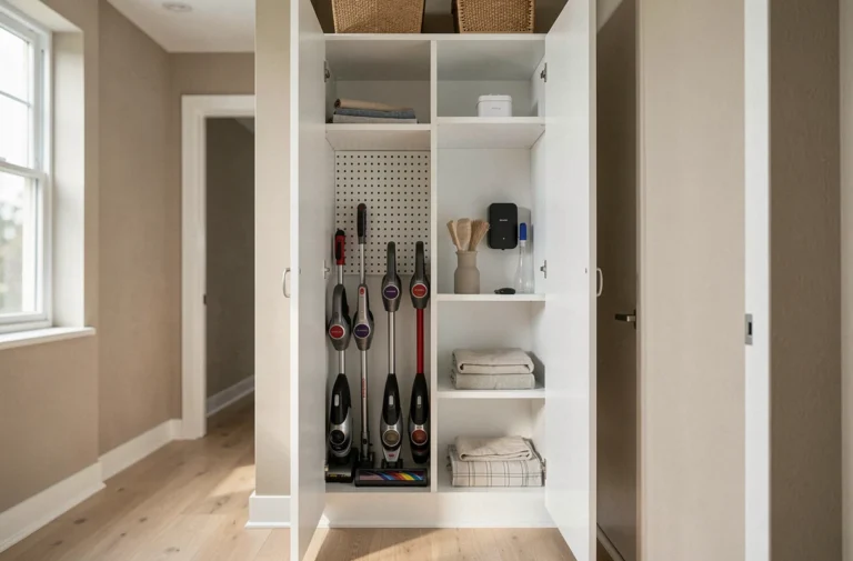 Placard ouvert révélant plusieurs aspirateurs balais rangés proprement avec accessoires et station de charge dans un appartement moderne