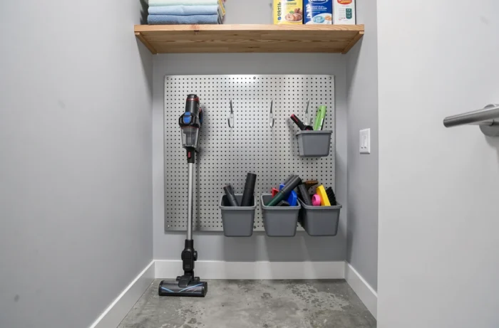 Panneau perforé modulaire dans un placard supportant un aspirateur balai et des bacs d'accessoires organisés par crochets